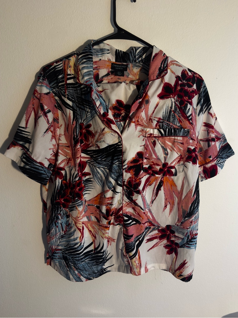 Cynthia Rowley Floral Tropical Short-Sleeve Pajama Top - White, Pink, Black